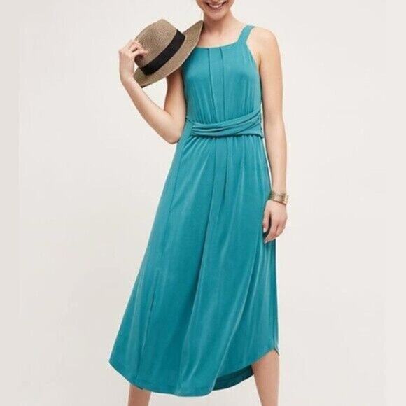 Anthropologie Maeve Dress Women's Size X-Small Teal Azores Maxi Midi Size Slit - Picture 1 of 7